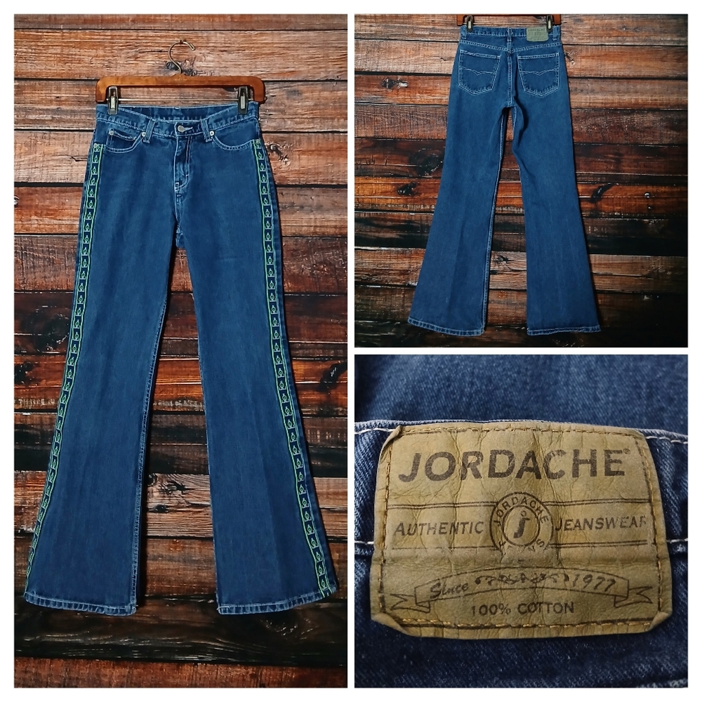 Jordache Vintage Jeans 26 Flare Leg Mid Rise Side Stripes Dark Wash Denim